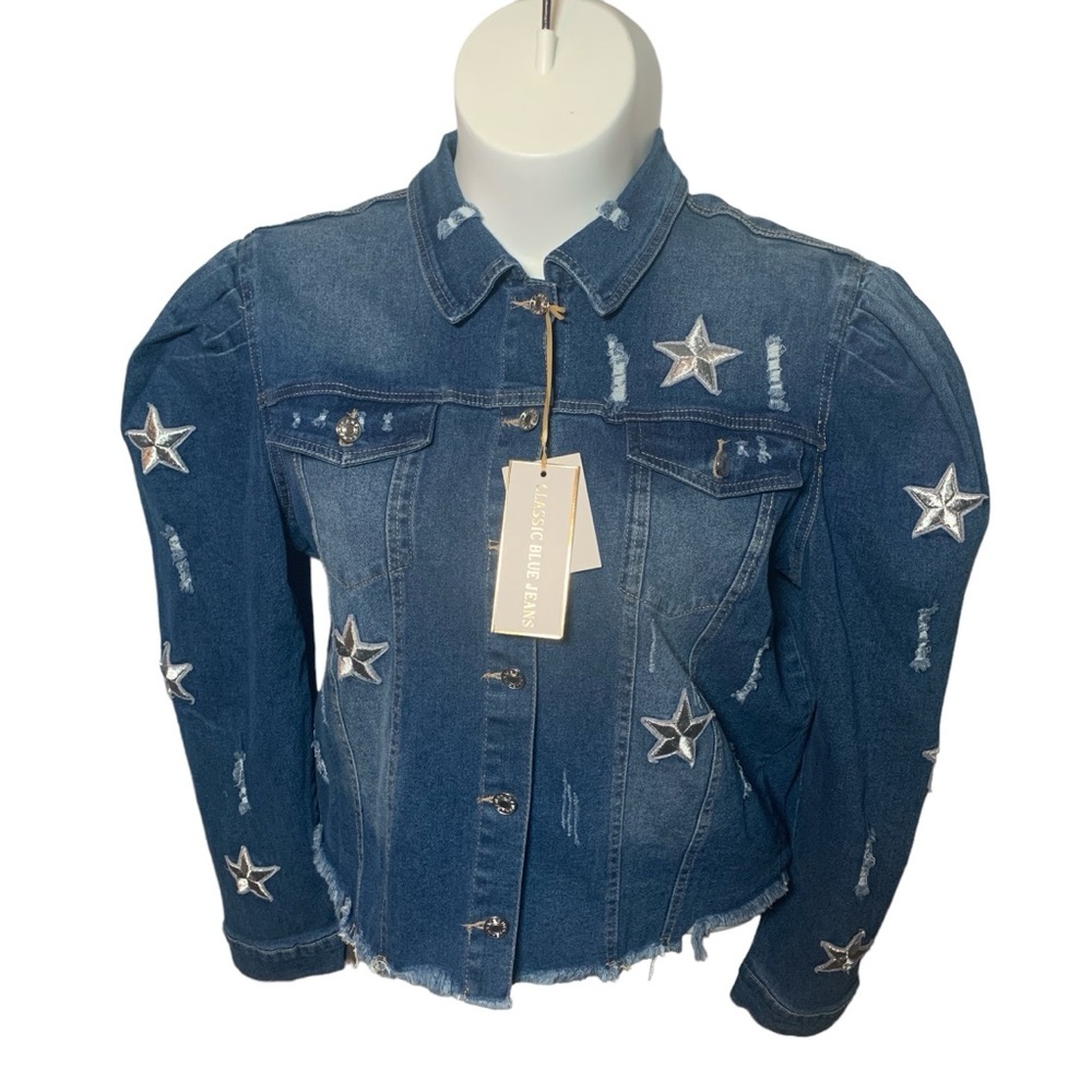 Plus Size 2XL Long Puff Sleeve Stars Embroidered Distressed Denim Jacket - Picture 6 of 11